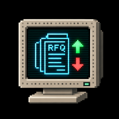 Pixel-art CRT monitor showing an RFQ document with a green up arrow and a red down arrow
